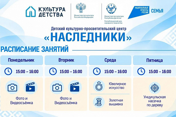 В Республиканском доме народного творчества Министерства культуры Республики Дагестан открывается детский культурно-просветительский центр «НАСЛЕДНИКИ» 
